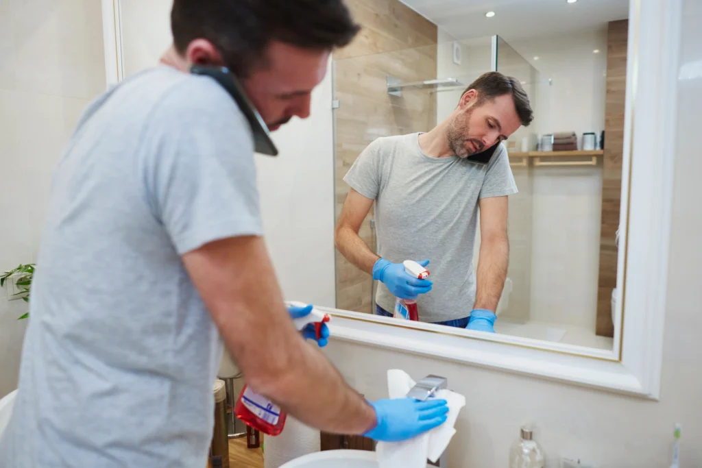Bathroom mirror man cleaning his bathroom talking by mobile phone